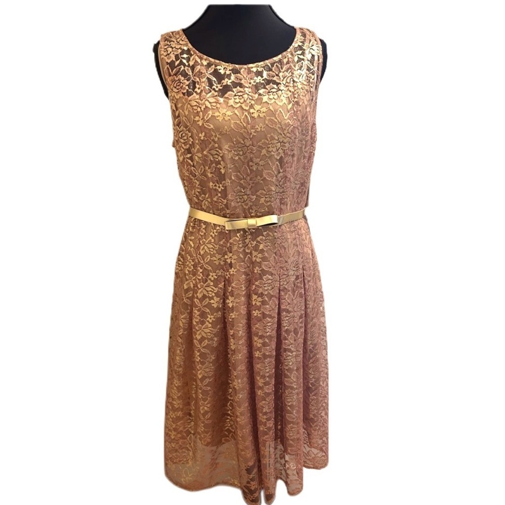 Chetta B Elegant Gold Lace Sleeveless Dress with Belt, Size 14 - Picture 1 of 9